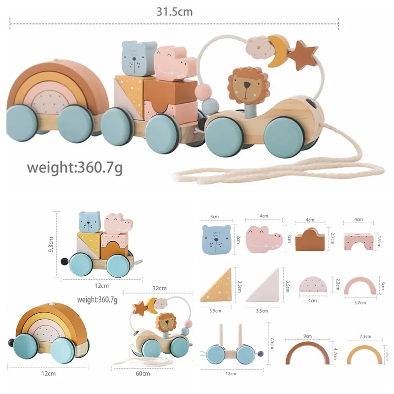 Baby Montessori Wooden Animal Zoo Train Thread Toys Wooden Blocks Trolley Infant Learning Educational Toy Children Stacking Toys