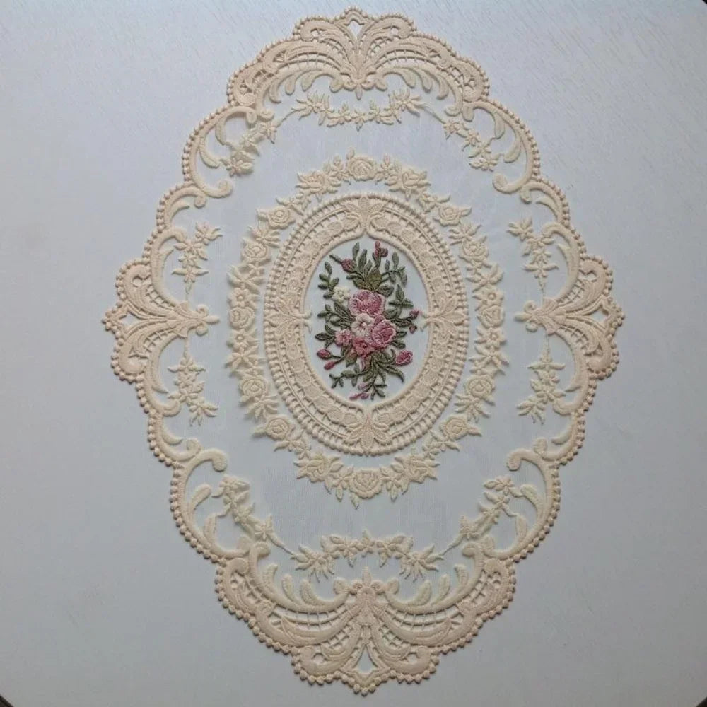 European Oval Lace Embroidered Coaster Bedroom Study Kitchen Cup Table Mat Food Fruit Plate Cover Cloth Christmas Decoration