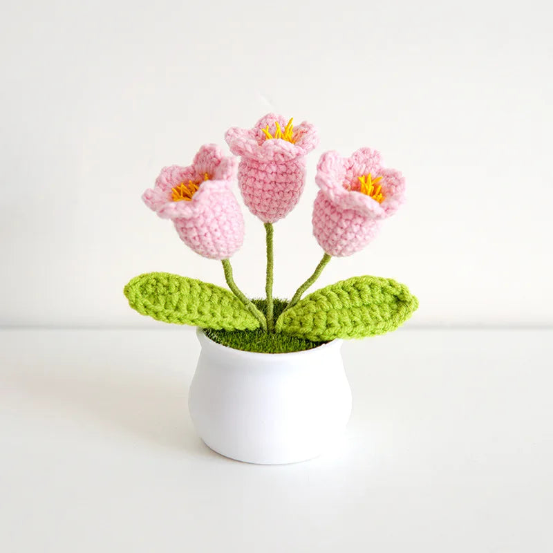 Handmade Crochet Lily Of The Valley Potted Finished Woven Bouquet Artificial Knitted Flower Gift Home Desktop Decor