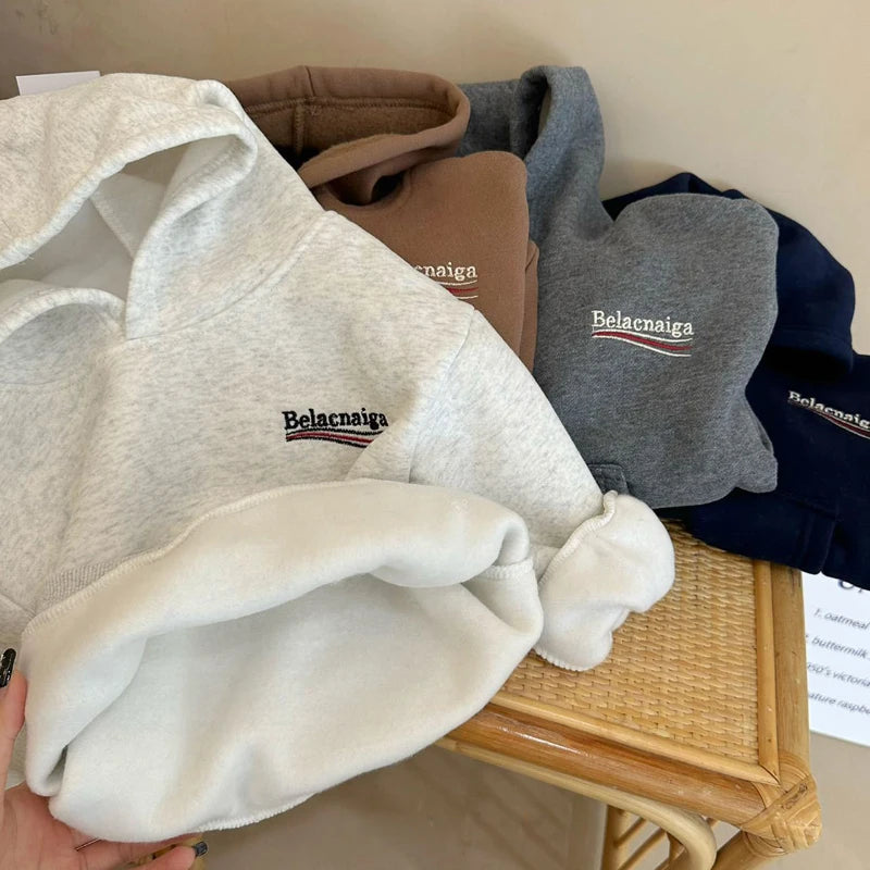 IYEAL Winter Children Warm Fleece Hooded Set Boys and Girls' Letter Hooded Sweatshirt+Warm Pants Two Piece Set