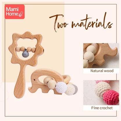 1Set Baby Wooden Rattle Beech Animal Hand Teething Wooden Ring Nursing Bracelet Infant Hand Bells Shaking Early Educational Toys