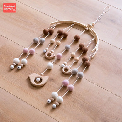1Pc Baby Wooden Teether Bed Bell Beech Rodent Pendant Wool Ball Rattle Kids Room Bed Hanging Decor Newborn Educational Toy Gifts