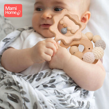 1Set Baby Wooden Rattle Beech Animal Hand Teething Wooden Ring Nursing Bracelet Infant Hand Bells Shaking Early Educational Toys
