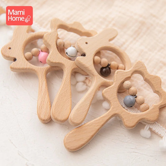 Baby Wooden Rattle Toys BPA Free Wood Beads Musical Rattle Rings Rodent Animal Rabbit Toys Baby Teether Newborn Educational Toy
