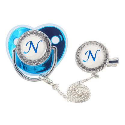 Name Initial Letters Baby Pacifier with Clips Lids Rhinestone Blue Luxury Pacifier Newborn Baby Boys Silicone Nipple Baby Shower