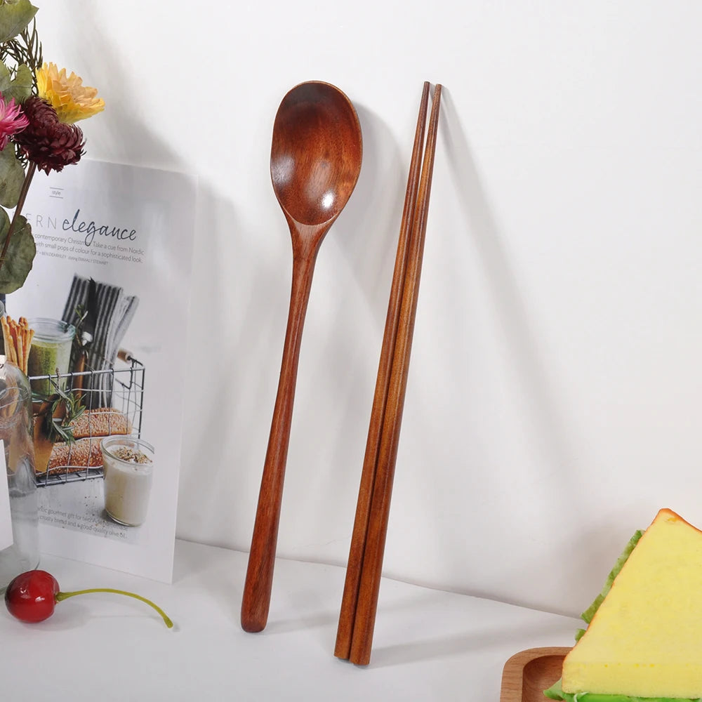 Japanese Wooden Reusable Sushi Chopsticks Spoon Cutlery Set Non-slip Travel Dinnerware Suit Tableware Kitchen Tools