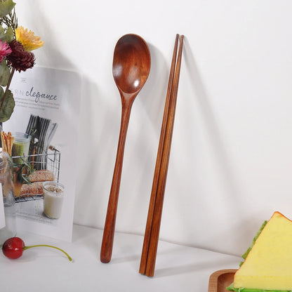 Japanese Wooden Reusable Sushi Chopsticks Spoon Cutlery Set Non-slip Travel Dinnerware Suit Tableware Kitchen Tools