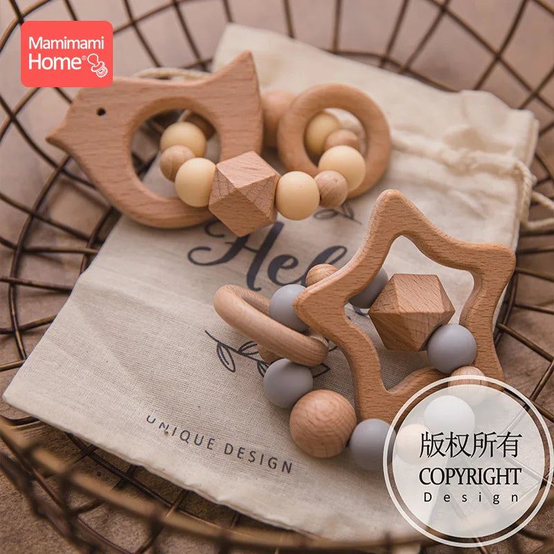 1Pc Baby Wooden Teether Nursing Bracelets Rattle Rings  Beech Wood Star Toy Baby Play Gym Montessori Children's Goods Nurse Gift