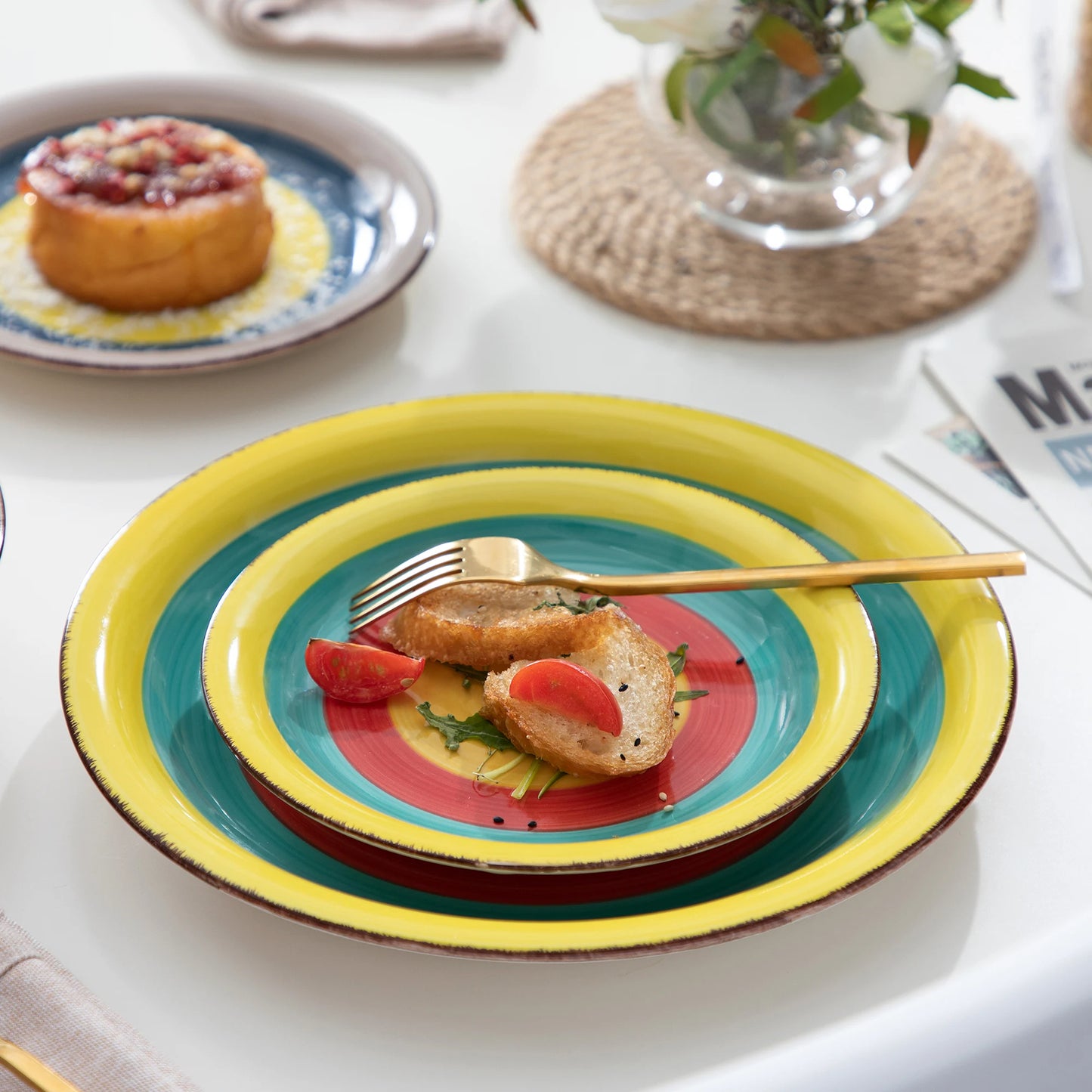 New Vancasso Arco 18-Piece Ceramic Tableware Set Handpainted Spiral and Alternately Colourful Pattern Stoneware Dinner Set for 6