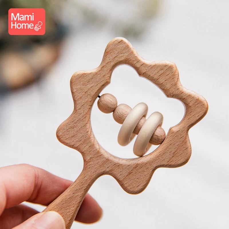Baby Wooden Rattle Toys BPA Free Wood Beads Musical Rattle Rings Rodent Animal Rabbit Toys Baby Teether Newborn Educational Toy