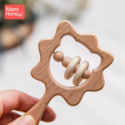 Baby Wooden Rattle Toys BPA Free Wood Beads Musical Rattle Rings Rodent Animal Rabbit Toys Baby Teether Newborn Educational Toy