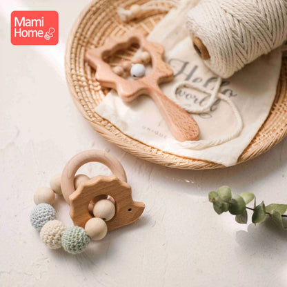 1Set Baby Wooden Rattle Beech Animal Hand Teething Wooden Ring Nursing Bracelet Infant Hand Bells Shaking Early Educational Toys