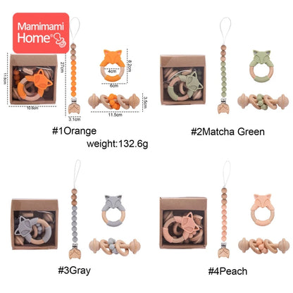 3pcs/set Baby Pacifier Chain Set  Music Rattle Dummy Soother Wooden Clip Holder Silicone Beads Baby Rattles Montessori Toy Kids