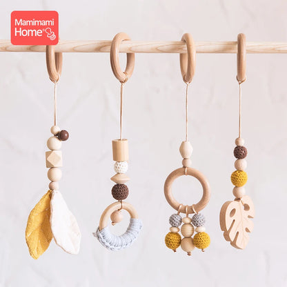 Baby Wooden Teether Pendant Baby Play Gym Set Sensory Ring-Pull Beech Ring Crochet Bead Children'S Goods Wooden Blank Cotton Toy