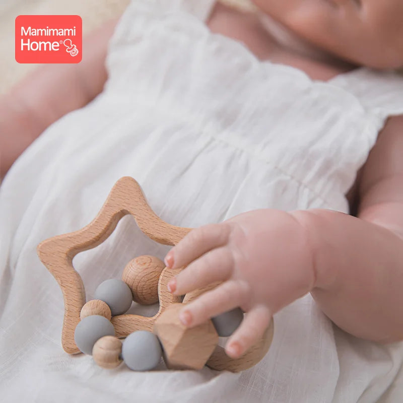 1Pc Baby Wooden Teether Nursing Bracelets Rattle Rings  Beech Wood Star Toy Baby Play Gym Montessori Children's Goods Nurse Gift