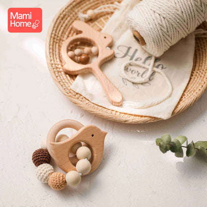 1Set Baby Wooden Rattle Beech Animal Hand Teething Wooden Ring Nursing Bracelet Infant Hand Bells Shaking Early Educational Toys