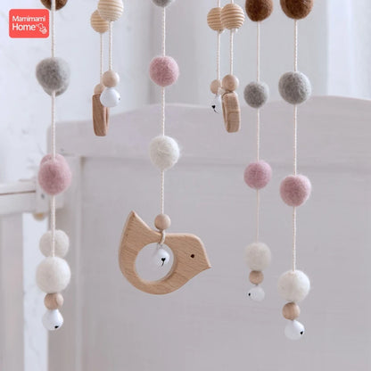 1Pc Baby Wooden Teether Bed Bell Beech Rodent Pendant Wool Ball Rattle Kids Room Bed Hanging Decor Newborn Educational Toy Gifts