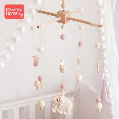 1Pc Baby Wooden Teether Bed Bell Beech Rodent Pendant Wool Ball Rattle Kids Room Bed Hanging Decor Newborn Educational Toy Gifts