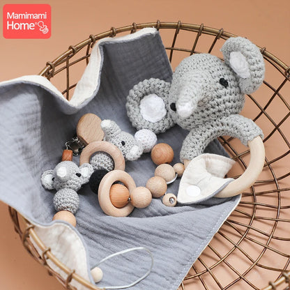 Baby Pacifier chain suit bracelet Bibs Teethers Crocheted elephant pattern Rattle baby wooden Crochet beads Gingival rodent toy