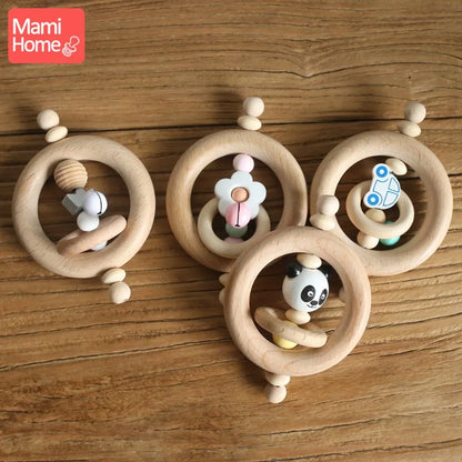 Mamihome 1pc Baby Wooden Teether Rattle Wood Ring Chew Toys BPA Free Newborn Gifts Wooden Teething Toy Panda Bead Nurse Gift Toy
