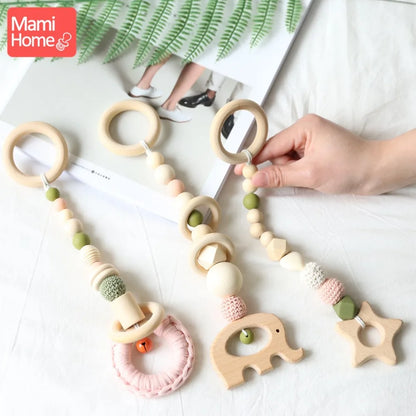 Mamihome 1set Wooden Teether Baby Gym Play Accessories Wood Ring Animals Pendant Food Grade Wood Teething Toy Photography props