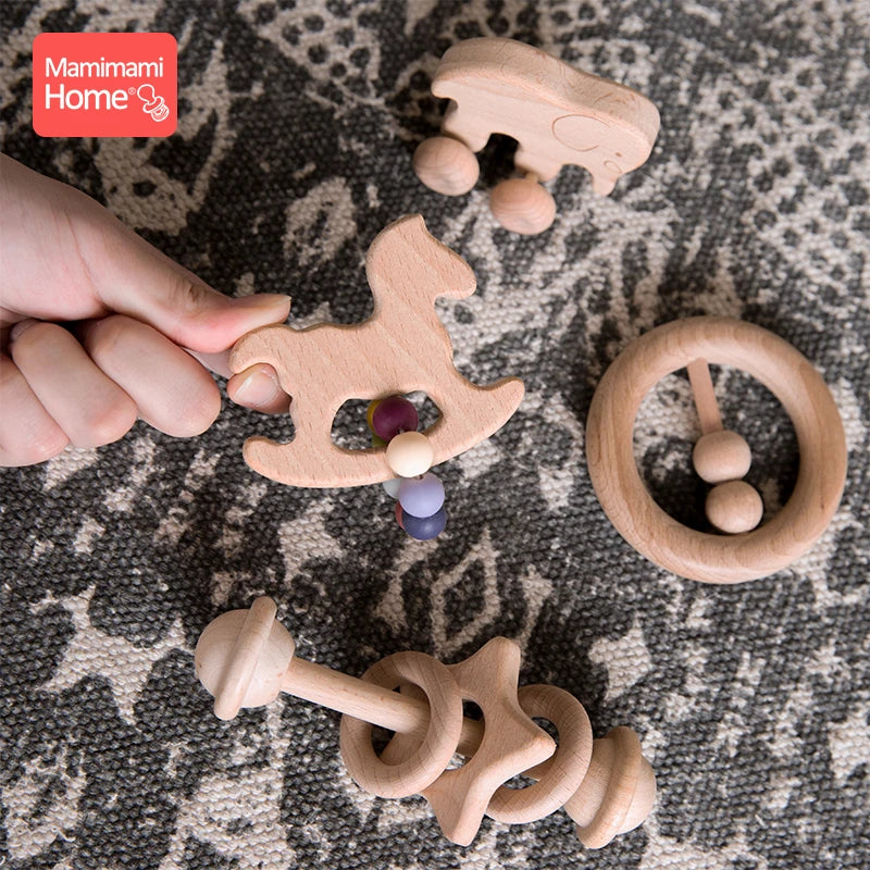 Mamihome 4pc Baby Wooden Toys Rattle Teething Car Toy Natural Beech Ring Beads Animal Wooden Blank Rodent  Children'S Goods Tiny