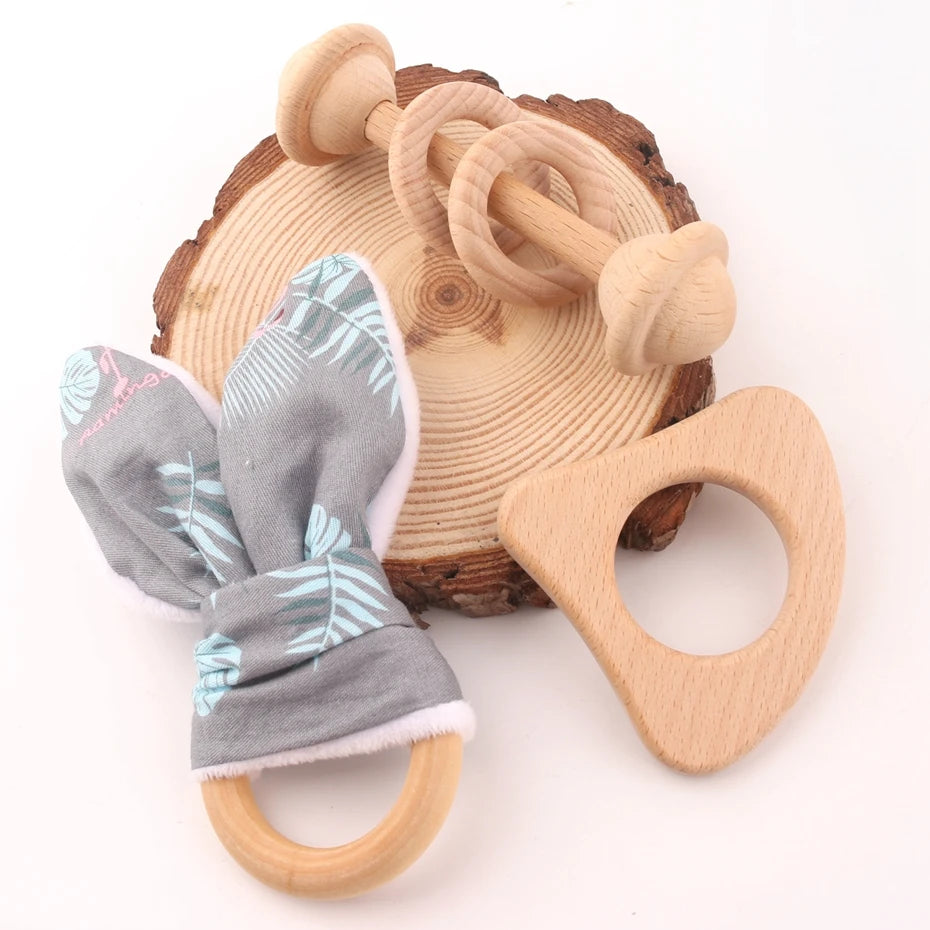3PC/Set Beech Wooden Teether Rattle Rabbit With Ring Can Chew Food Grade Materials Gifts For Children Toys Baby Teether Toys