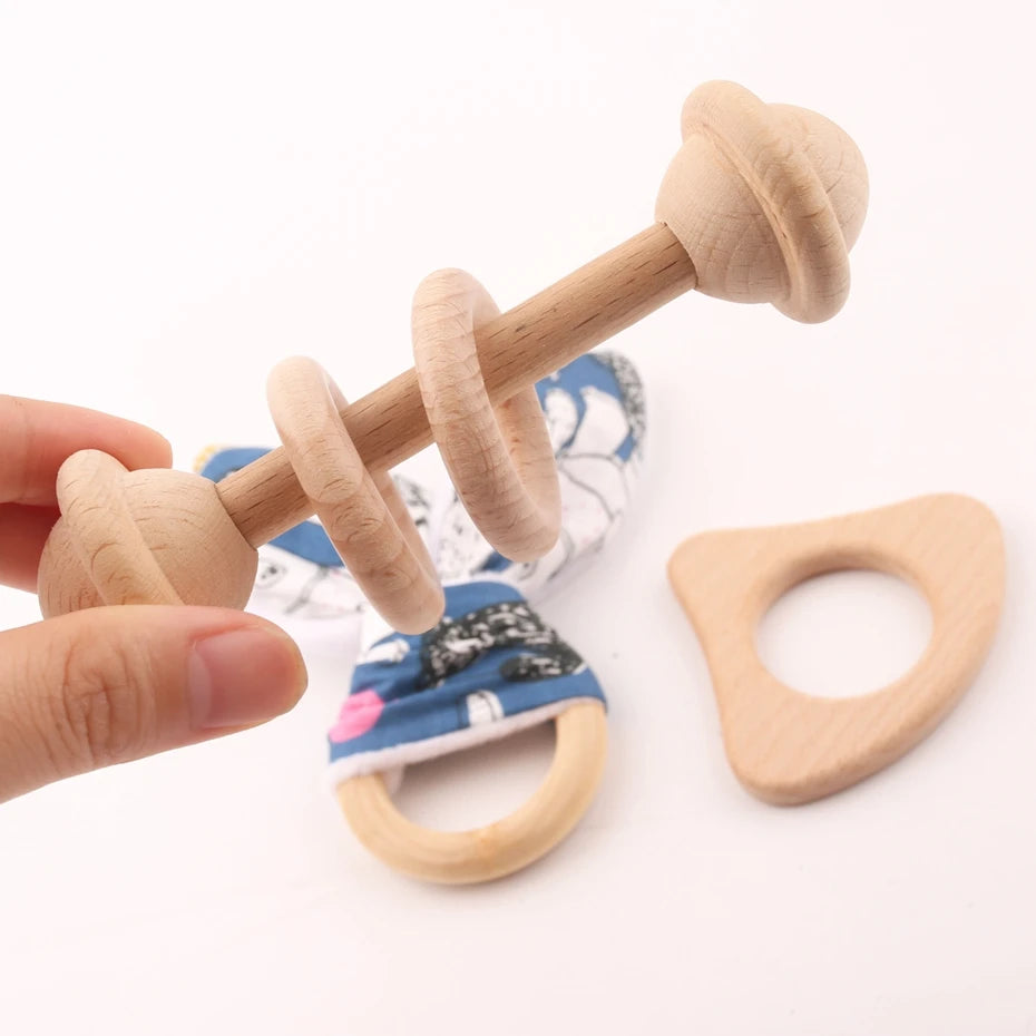 3PC/Set Beech Wooden Teether Rattle Rabbit With Ring Can Chew Food Grade Materials Gifts For Children Toys Baby Teether Toys