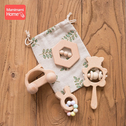 Mamihome 4pc Baby Wooden Toys Rattle Teething Car Toy Natural Beech Ring Beads Animal Wooden Blank Rodent  Children'S Goods Tiny