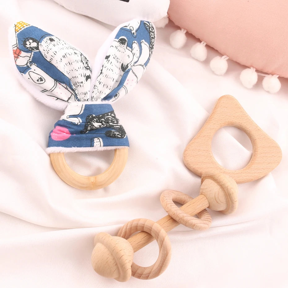 3PC/Set Beech Wooden Teether Rattle Rabbit With Ring Can Chew Food Grade Materials Gifts For Children Toys Baby Teether Toys