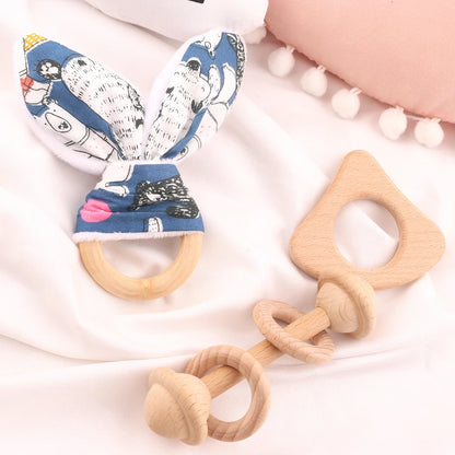 3PC/Set Beech Wooden Teether Rattle Rabbit With Ring Can Chew Food Grade Materials Gifts For Children Toys Baby Teether Toys