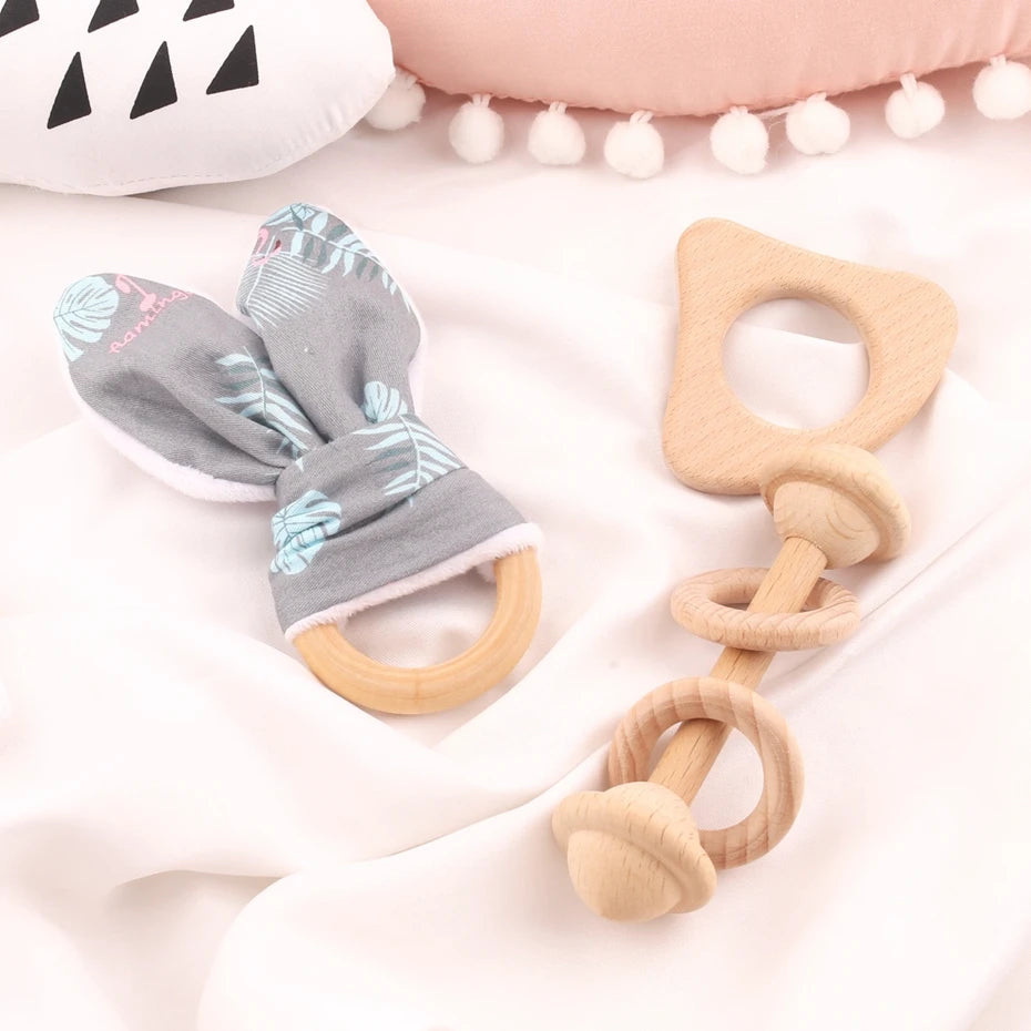 3PC/Set Beech Wooden Teether Rattle Rabbit With Ring Can Chew Food Grade Materials Gifts For Children Toys Baby Teether Toys