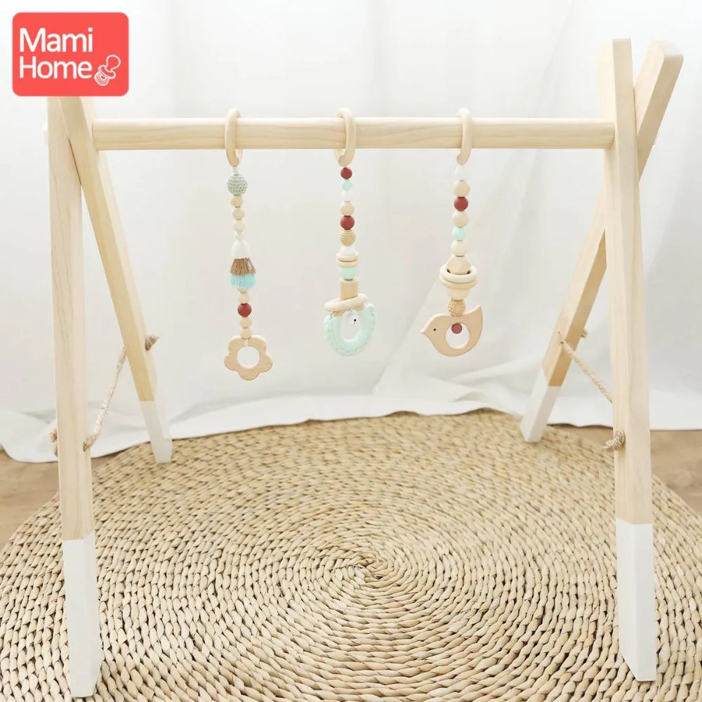 Mamihome 1set Wooden Teether Baby Gym Play Accessories Wood Ring Animals Pendant Food Grade Wood Teething Toy Photography props