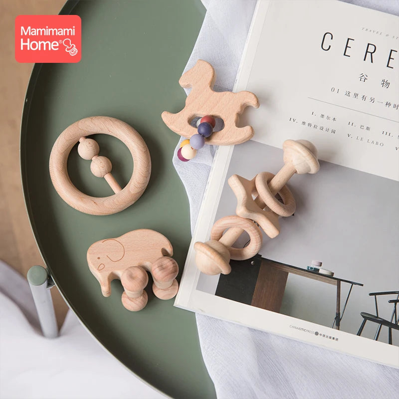Mamihome 4pc Baby Wooden Toys Rattle Teething Car Toy Natural Beech Ring Beads Animal Wooden Blank Rodent  Children'S Goods Tiny