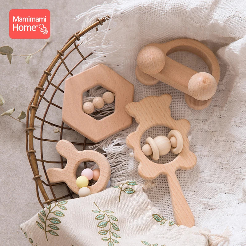 Mamihome 4pc Baby Wooden Toys Rattle Teething Car Toy Natural Beech Ring Beads Animal Wooden Blank Rodent  Children'S Goods Tiny