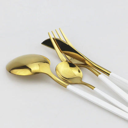 30Pcs Rose Cutlery Set Stainless Steel Dinnerware Set Gold Dinnerware Shiny Flatware Set Dinner Knife Fork Spoon Fruit Cake Fork