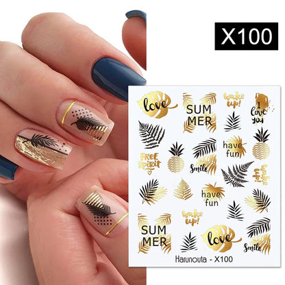 Harunouta Geometric Color Block Line Leaf Flower Water Decal Sticker Spring Simple DIY Slider For Manicuring Nail Art Watermarks