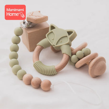 3pcs/set Baby Pacifier Chain Set  Music Rattle Dummy Soother Wooden Clip Holder Silicone Beads Baby Rattles Montessori Toy Kids
