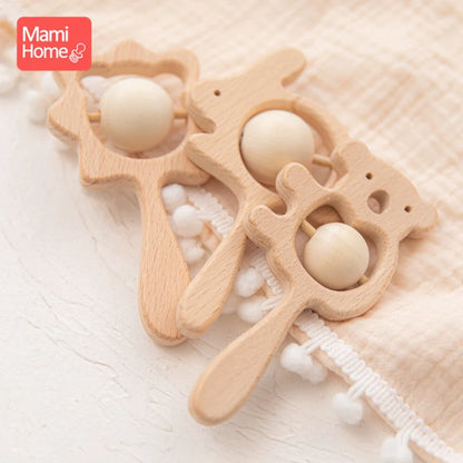 Baby Wooden Rattle Toys BPA Free Wood Beads Musical Rattle Rings Rodent Animal Rabbit Toys Baby Teether Newborn Educational Toy