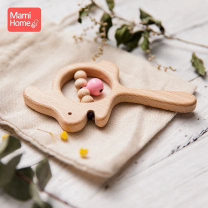 Baby Wooden Rattle Toys BPA Free Wood Beads Musical Rattle Rings Rodent Animal Rabbit Toys Baby Teether Newborn Educational Toy