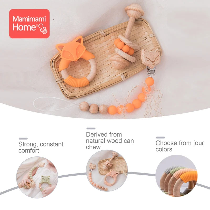 3pcs/set Baby Pacifier Chain Set  Music Rattle Dummy Soother Wooden Clip Holder Silicone Beads Baby Rattles Montessori Toy Kids