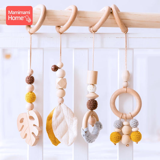 4pc/set Baby Wooden Pendant Play Gym Toys BPA Free Wooden Teether Rodent Animal Interactive Stroller Hanging Bed Bell Nurse Gift