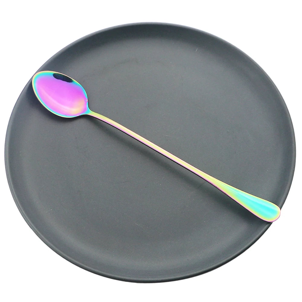 Juice Coffee Stirring Cutlery Set Colorful Rainbow Teaspoon Dinnerware Ice Cream Long Handle Scoop Tableware Set Kitchen Tools