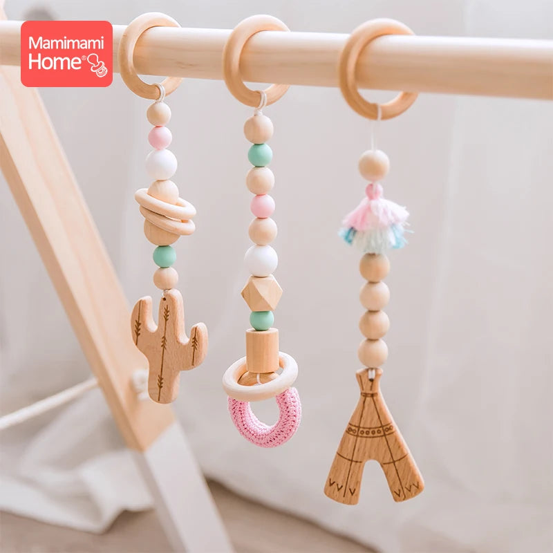 Mamihome 3pc/Set Baby Wooden Teether Chain Gym Play Cactus Pendant Wooden Blank Crochet Bead Ring-Pull Ring Children'S Gopds Toy