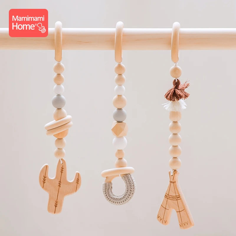 Mamihome 3pc/Set Baby Wooden Teether Chain Gym Play Cactus Pendant Wooden Blank Crochet Bead Ring-Pull Ring Children'S Gopds Toy