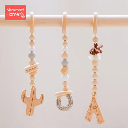 Mamihome 3pc/Set Baby Wooden Teether Chain Gym Play Cactus Pendant Wooden Blank Crochet Bead Ring-Pull Ring Children'S Gopds Toy