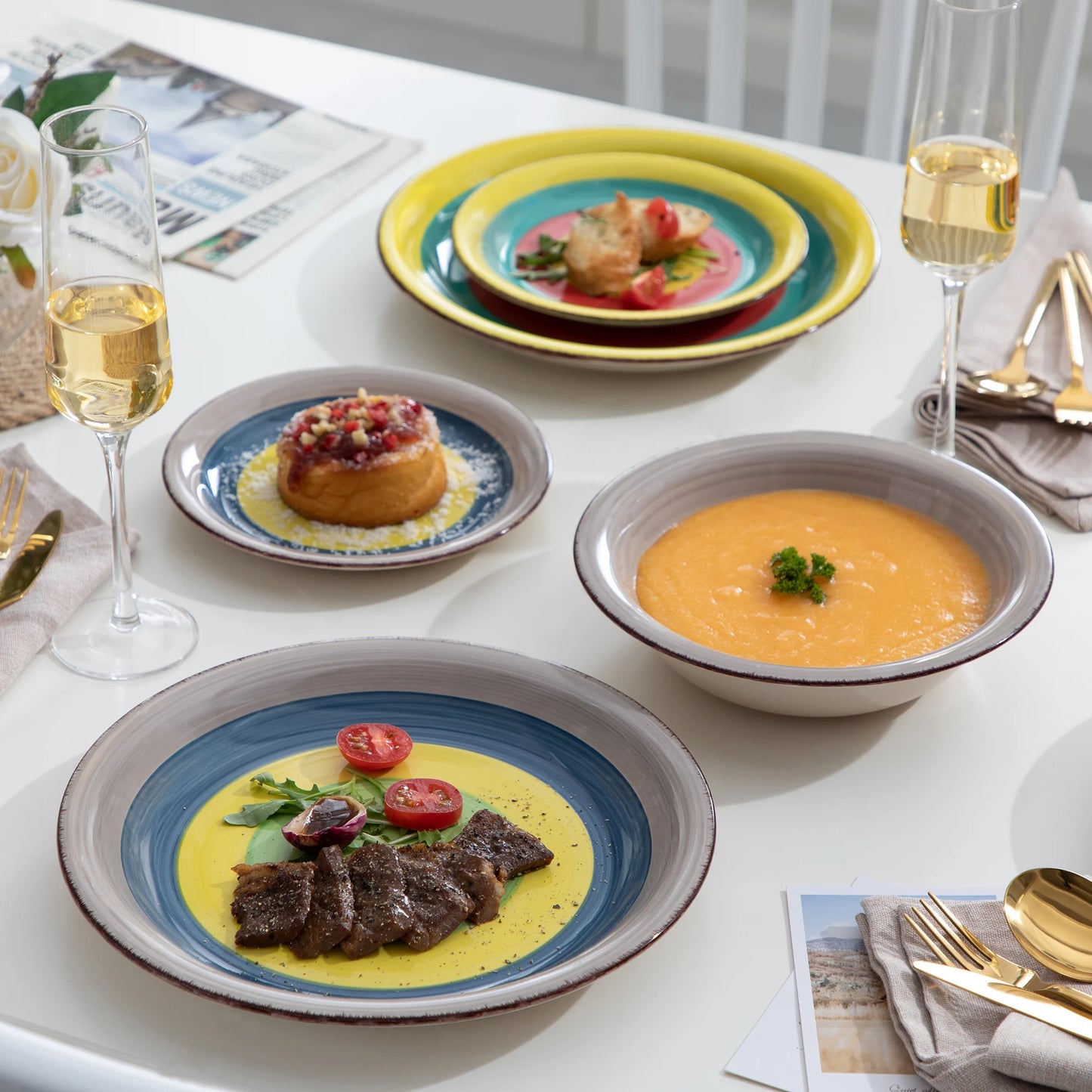 New Vancasso Arco 18-Piece Ceramic Tableware Set Handpainted Spiral and Alternately Colourful Pattern Stoneware Dinner Set for 6