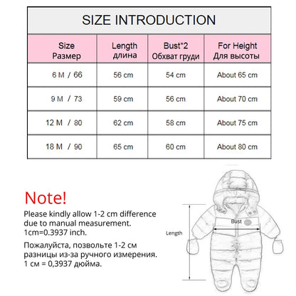 IYEAL Newborn Baby Snowsuit Children Infant Winter Coat Warm Liner Hooded Zipper Jumpsuit Boys Girls Duck Down Outwear Overalls