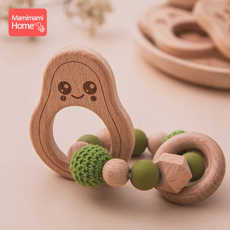 1pc Baby Teether Wooden Avocado Beads Rattle Nursing Bracelet BPA Free Crochet Teething Beads Baby Beech Rattles Nurse Gift Toys