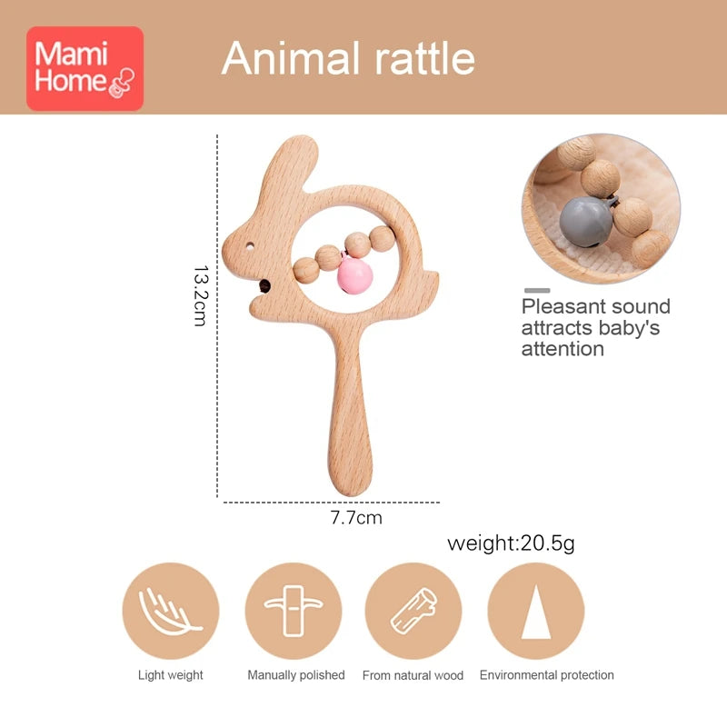 Baby Wooden Rattle Toys BPA Free Wood Beads Musical Rattle Rings Rodent Animal Rabbit Toys Baby Teether Newborn Educational Toy